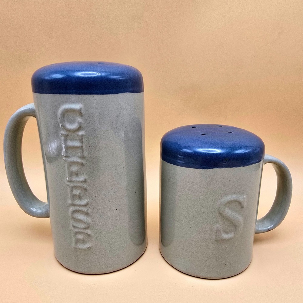 Vintage Ceramic Salt & Cheese Shakers Blue Lids Mug Style w/ Handles "S" "OLIVE"